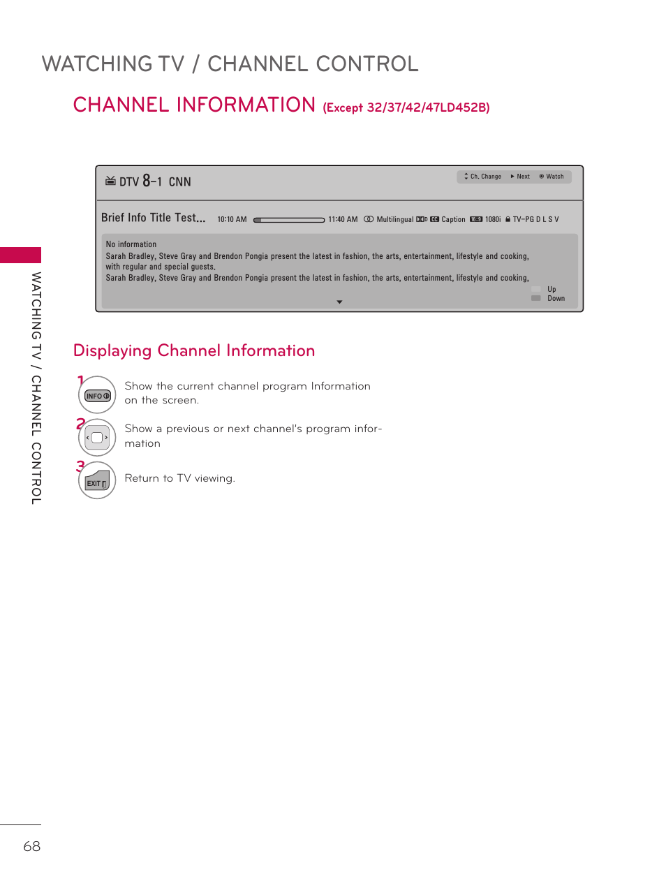 Channel information, Watching tv / channel control, Displaying channel information | LG 42LD520 User Manual | Page 68 / 172