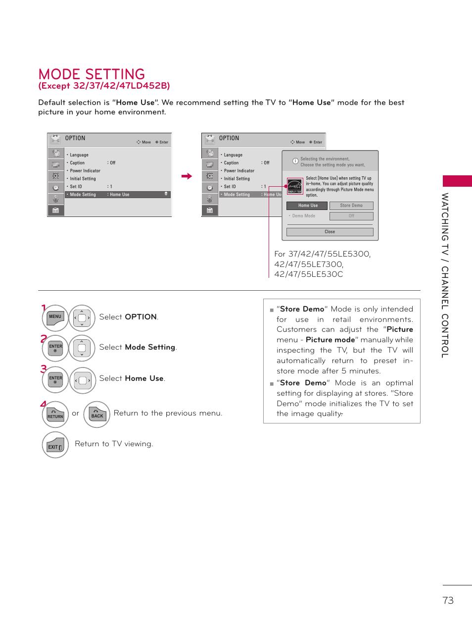 Mode setting, Wa t ching t v / channel contr ol | LG 42LD520 User Manual | Page 73 / 172