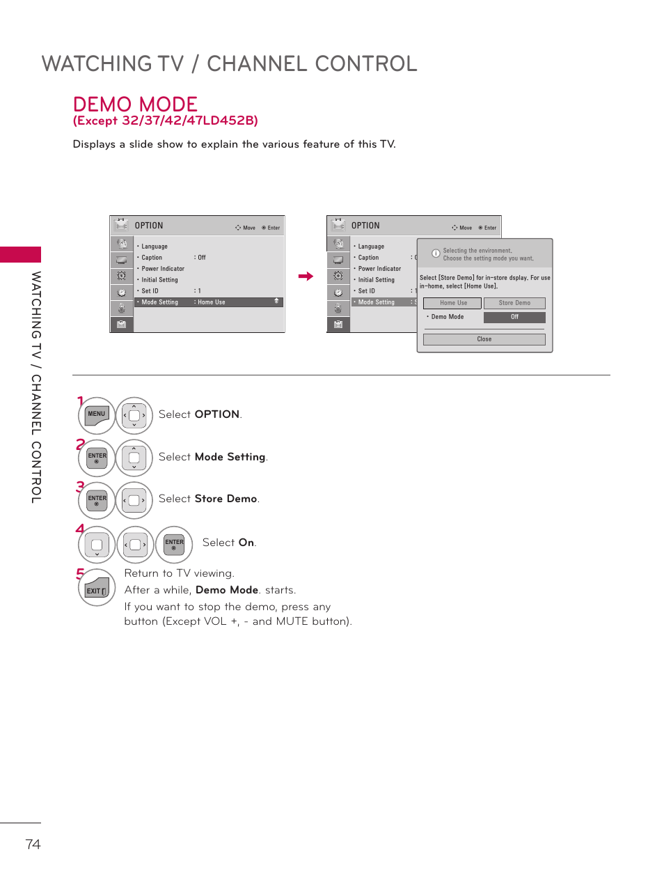 Demo mode, Watching tv / channel control, Wa t ching t v / channel contr ol | LG 42LD520 User Manual | Page 74 / 172
