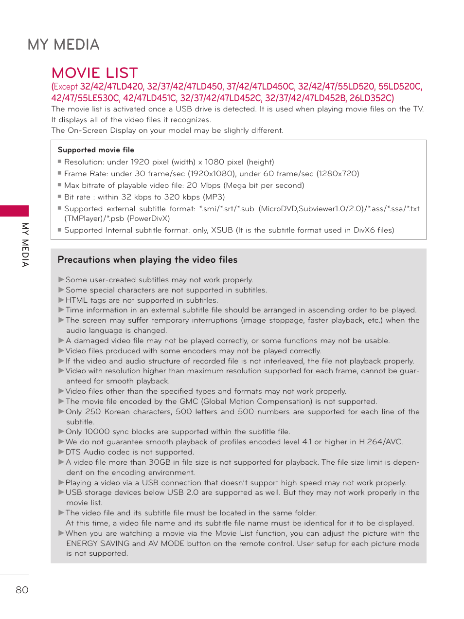 Movie list, My media, Precautions when playing the video files | LG 42LD520 User Manual | Page 80 / 172