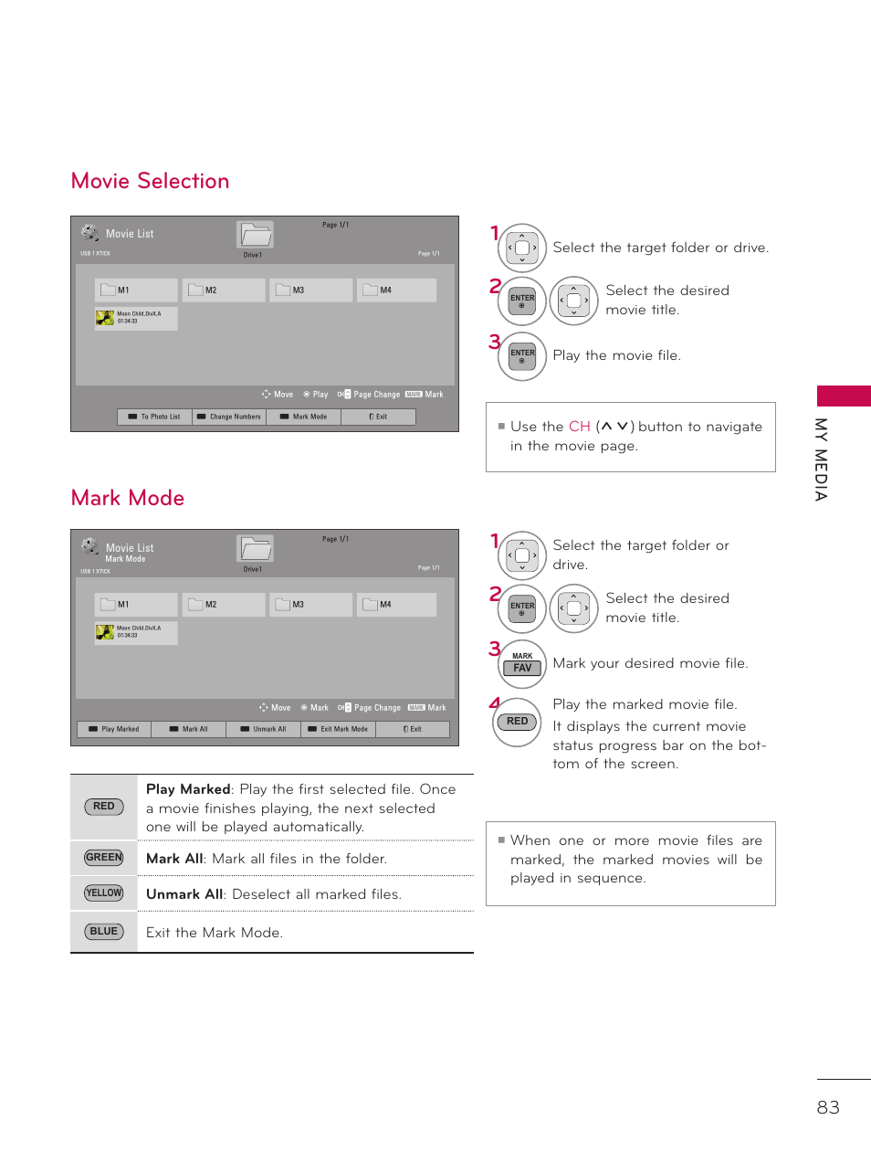 Movie selection mark mode, My media | LG 42LD520 User Manual | Page 83 / 172