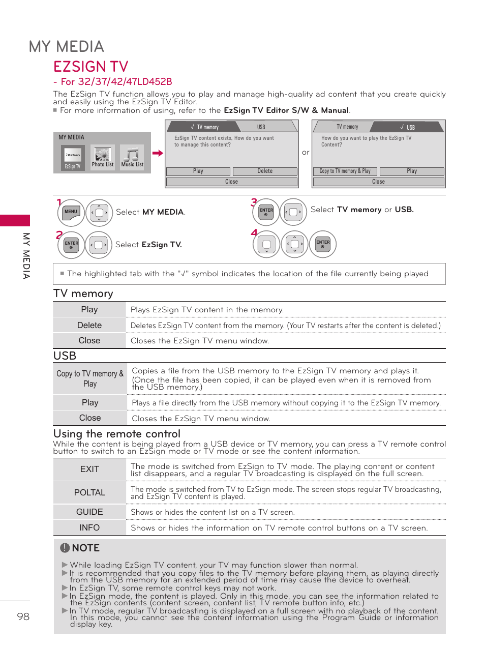 Ezsign tv, My media, Using the remote control | LG 42LD520 User Manual | Page 98 / 172