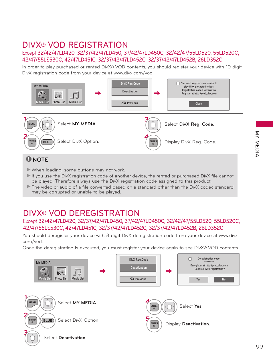 Divx® vod registration, Divx® vod deregistration, Divx | Vod registration, Vod deregistration | LG 42LD520 User Manual | Page 99 / 172
