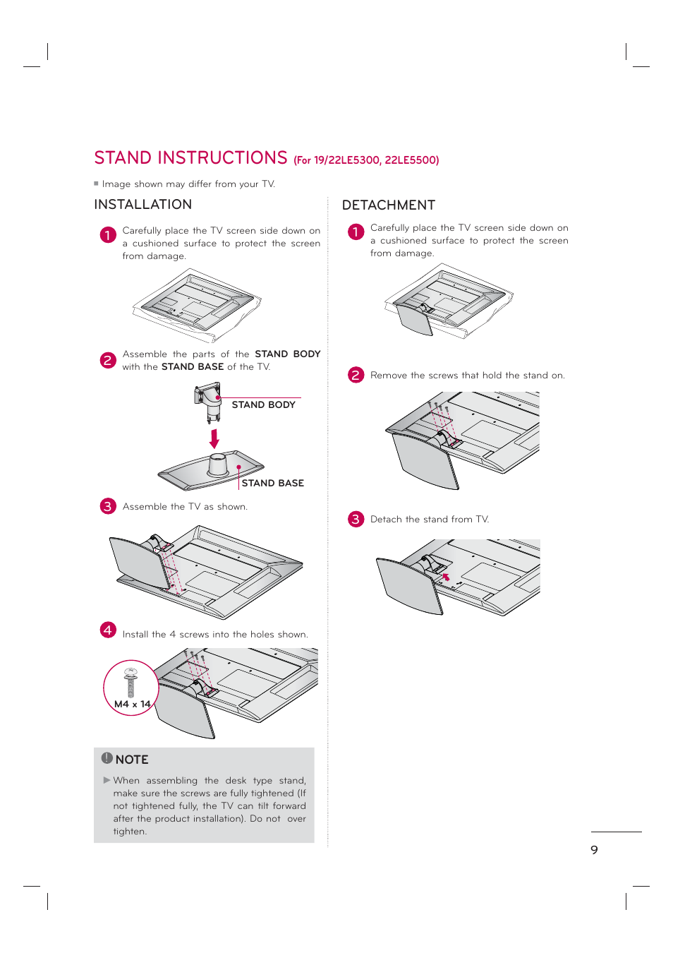 Stand instructions, Installation, Detachment | LG 55LE7300 User Manual | Page 11 / 38