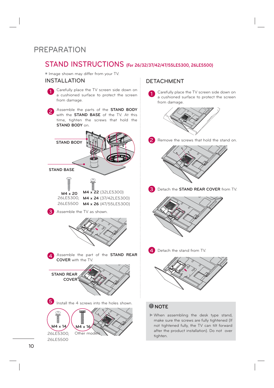 Preparation, Stand instructions, Installation detachment | LG 55LE7300 User Manual | Page 12 / 38