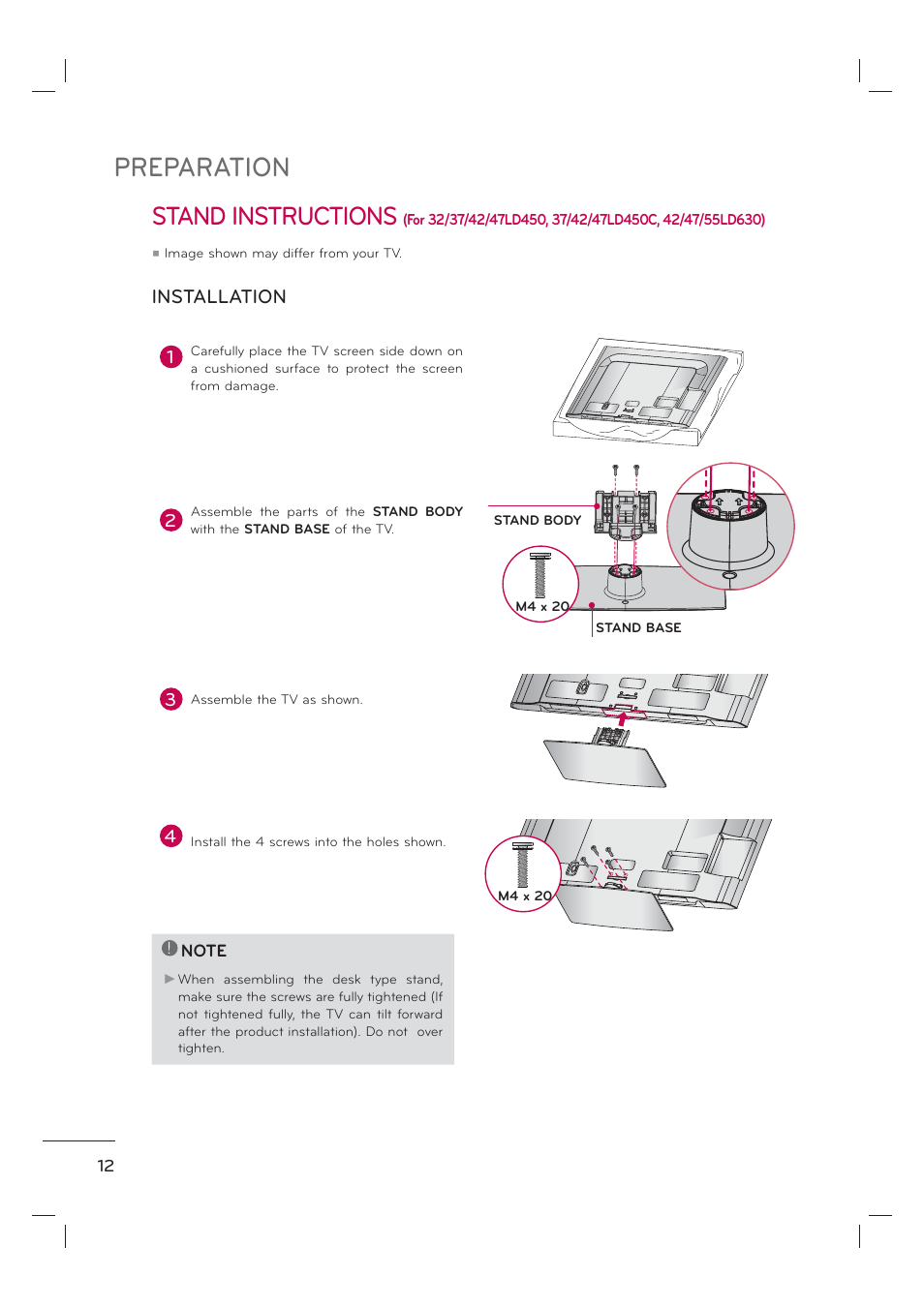 Preparation, Stand instructions, Installation | LG 55LE7300 User Manual | Page 14 / 38