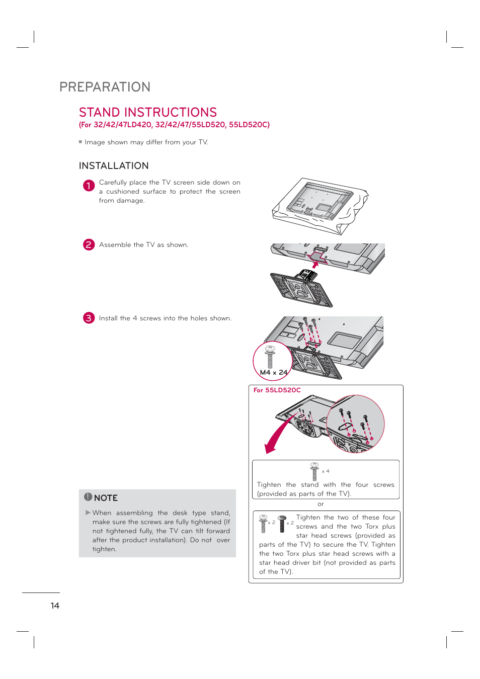 Preparation, Stand instructions, Installation | LG 55LE7300 User Manual | Page 16 / 38