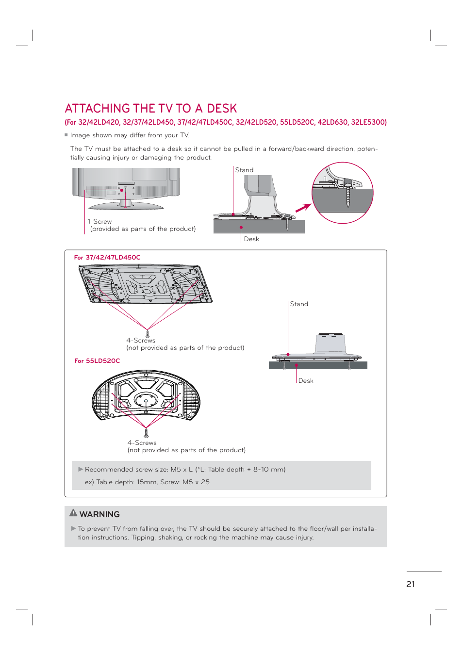 Attaching the tv to a desk, Warning | LG 55LE7300 User Manual | Page 23 / 38