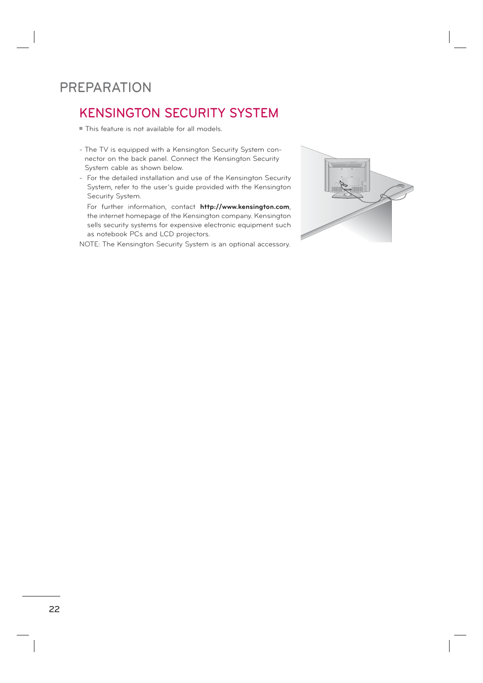 Preparation, Kensington security system | LG 55LE7300 User Manual | Page 24 / 38
