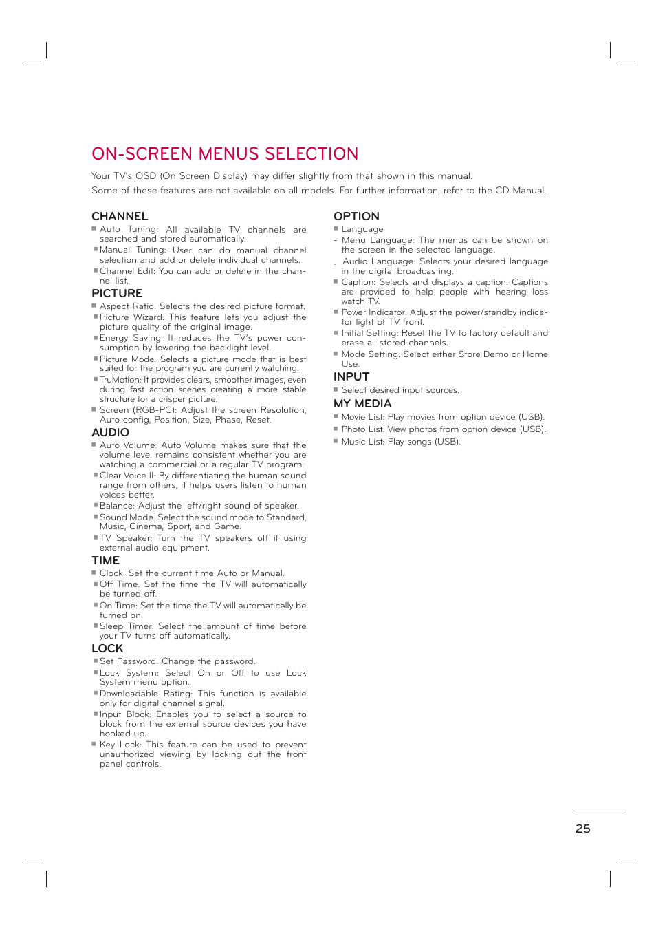 On-screen menus selection, Channel, Picture | Audio, Time, Lock, Option, Input, My media | LG 55LE7300 User Manual | Page 27 / 38