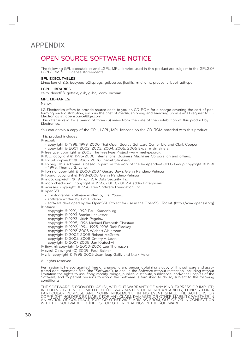 Appendix, Open source software notice | LG 55LE7300 User Manual | Page 32 / 38