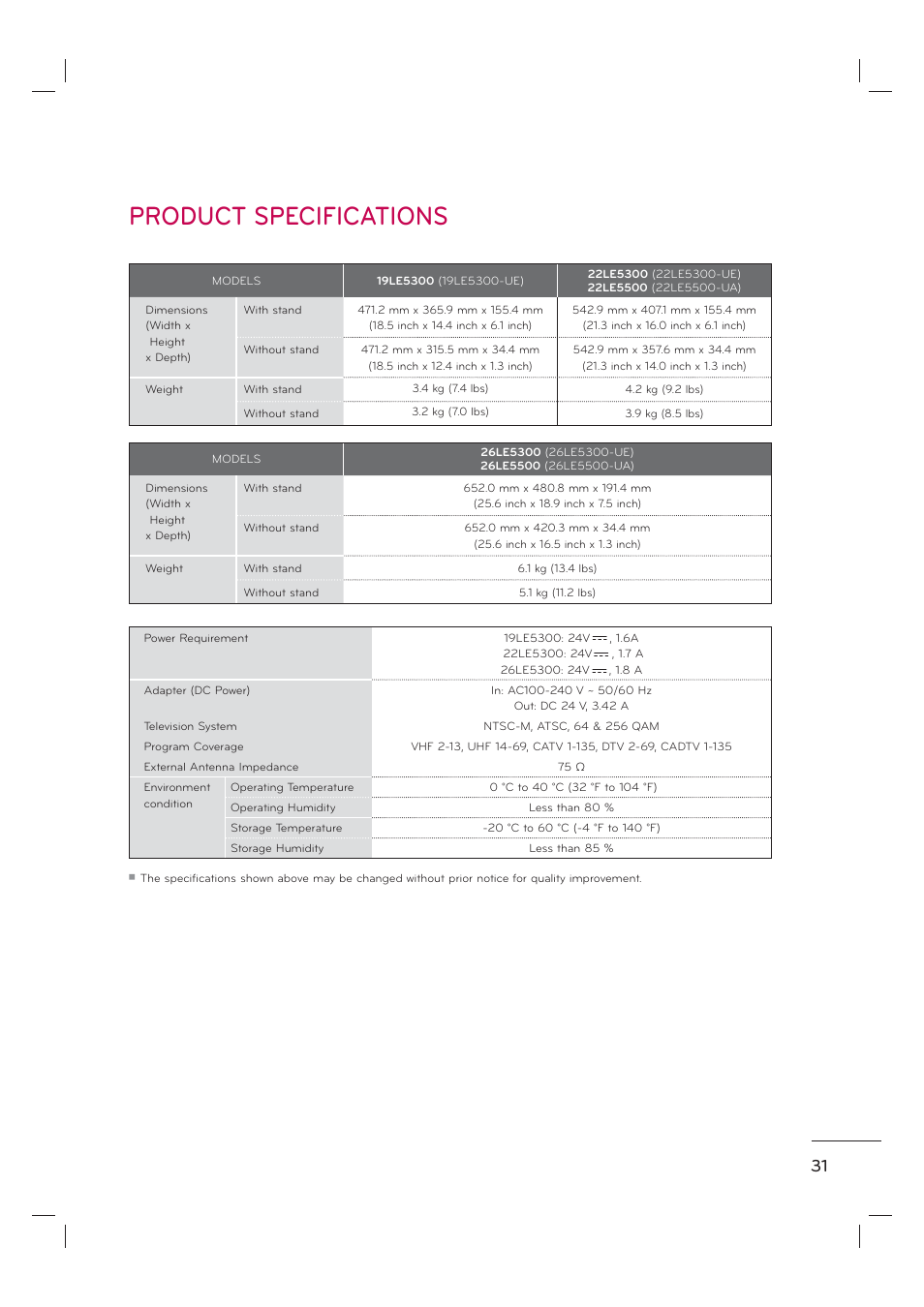Product specifications | LG 55LE7300 User Manual | Page 33 / 38