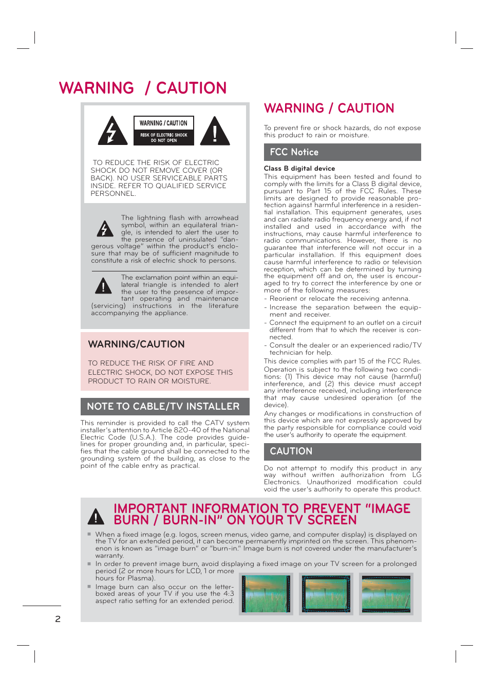 Warning / caution, Warning/caution, Fcc notice | Caution | LG 55LE7300 User Manual | Page 4 / 38