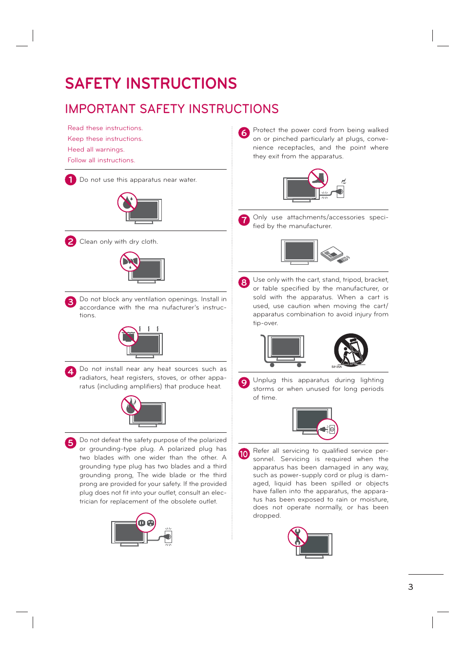 Safety instructions, Important safety instructions | LG 55LE7300 User Manual | Page 5 / 38