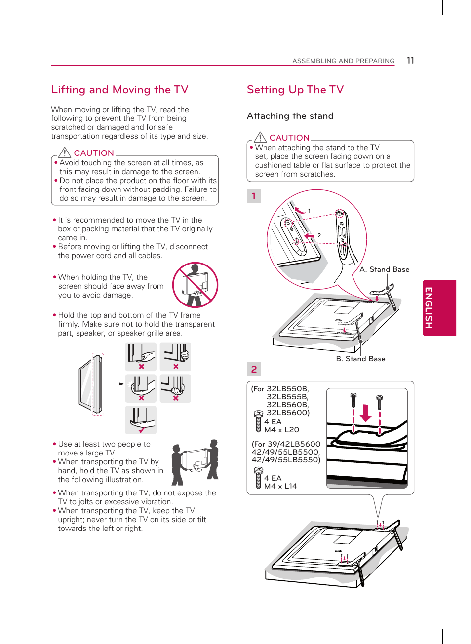 Lifting and moving the tv, Setting up the tv, 11 english | Attaching the stand | LG 42LB5600 User Manual | Page 11 / 28