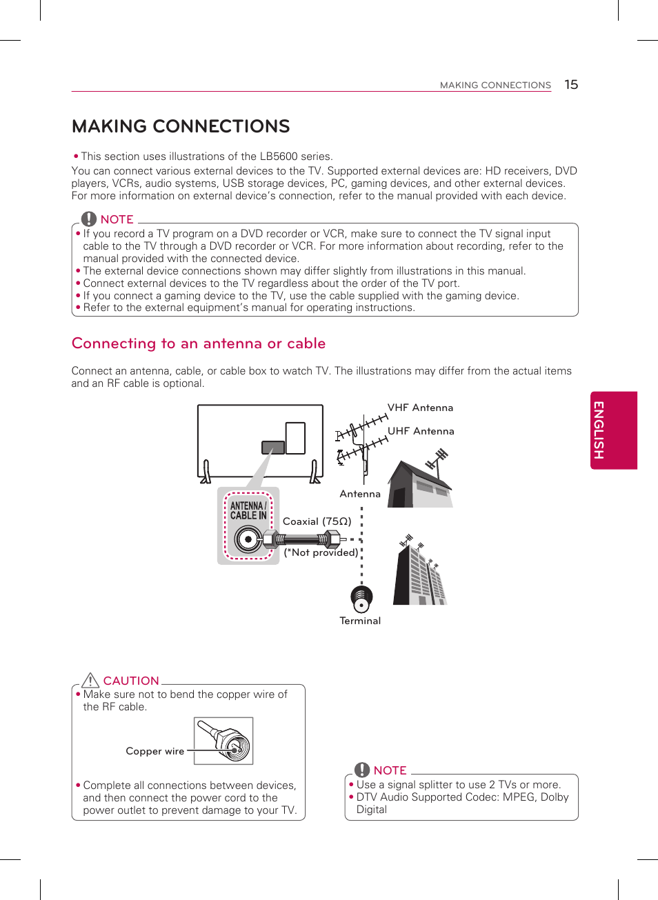 Making connections, Connecting to an antenna or cable | LG 42LB5600 User Manual | Page 15 / 28