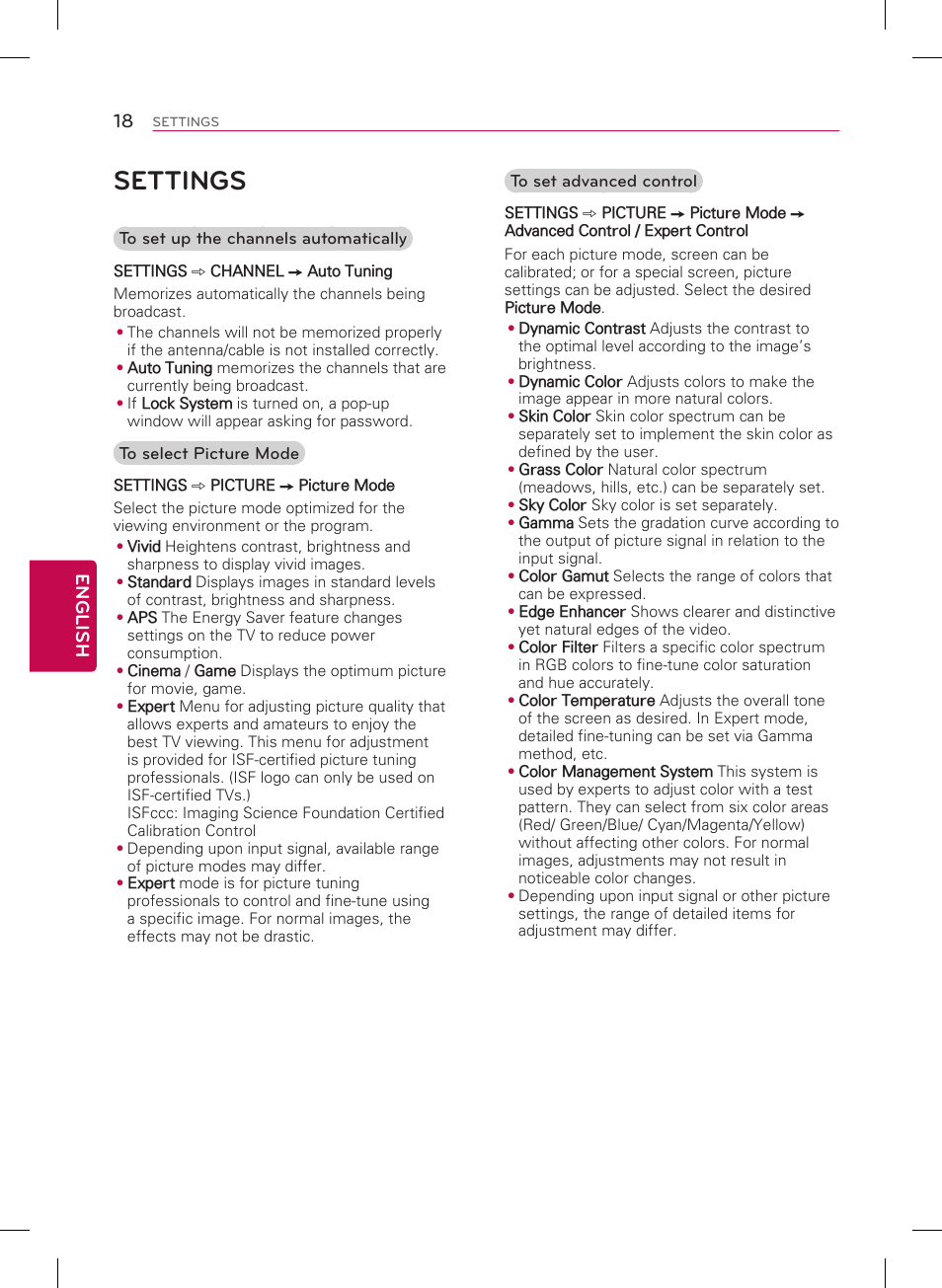 Settings, 18 english | LG 42LB5600 User Manual | Page 18 / 28
