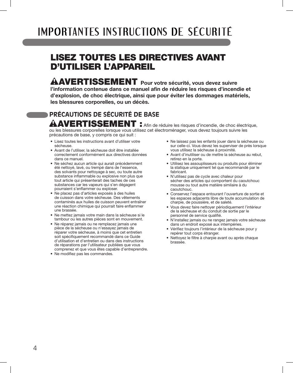 Wavertissement, Précautions de sécurité de base | LG DLGX3361W User Manual | Page 100 / 144