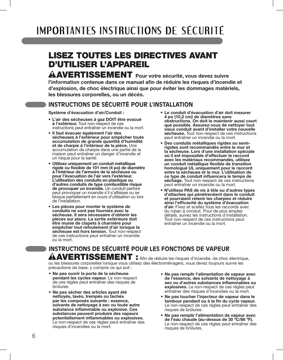 Wavertissement, Instructions de sécurité pour l’installation | LG DLGX3361W User Manual | Page 102 / 144