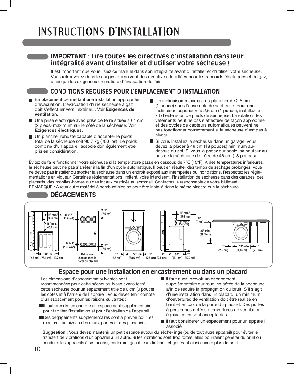 Dégagements | LG DLGX3361W User Manual | Page 106 / 144