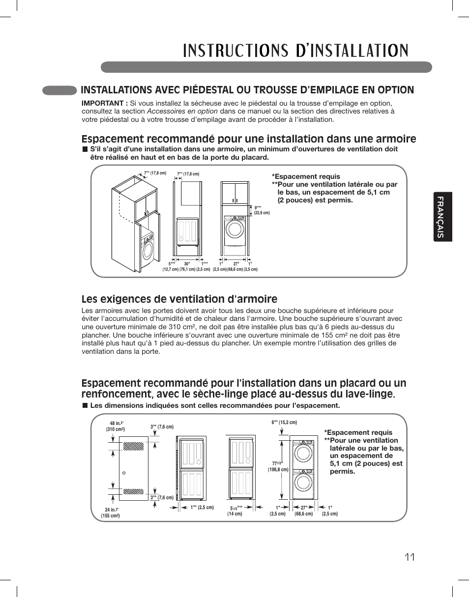 Les exigences de ventilation d'armoire, Français | LG DLGX3361W User Manual | Page 107 / 144