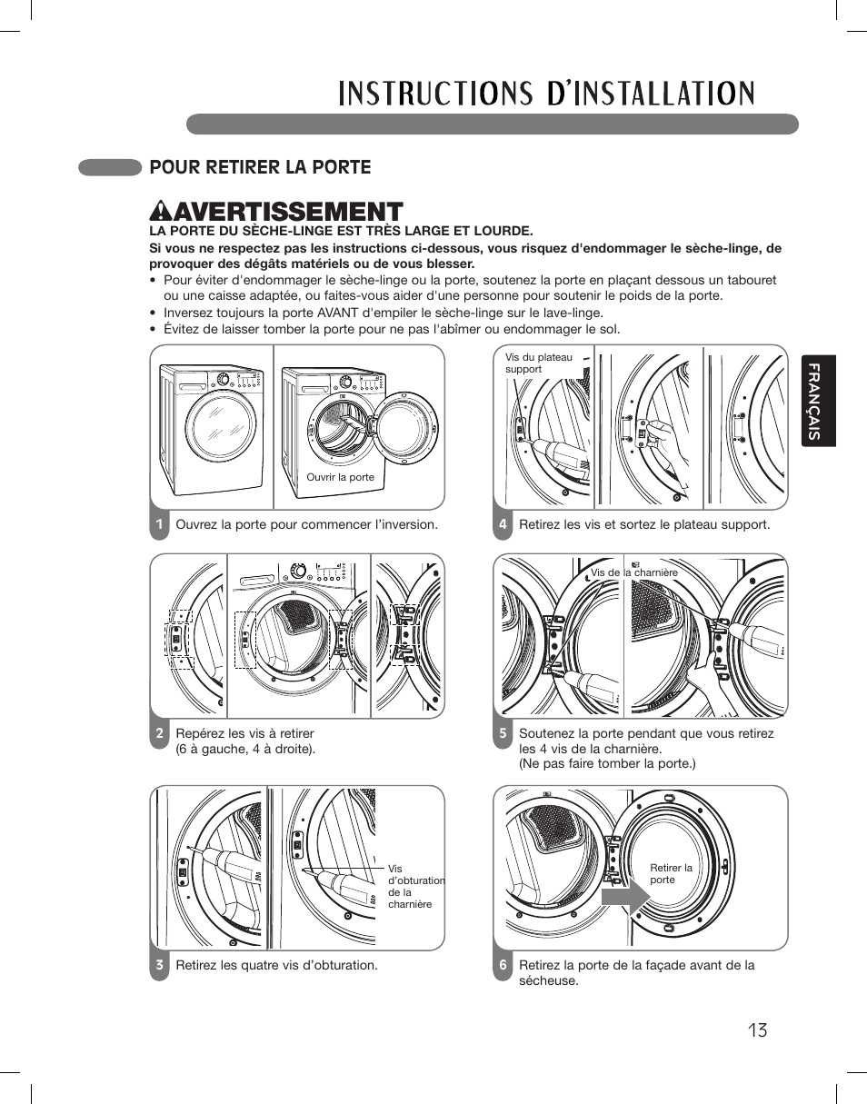 Wavertissement, Pour retirer la porte | LG DLGX3361W User Manual | Page 109 / 144