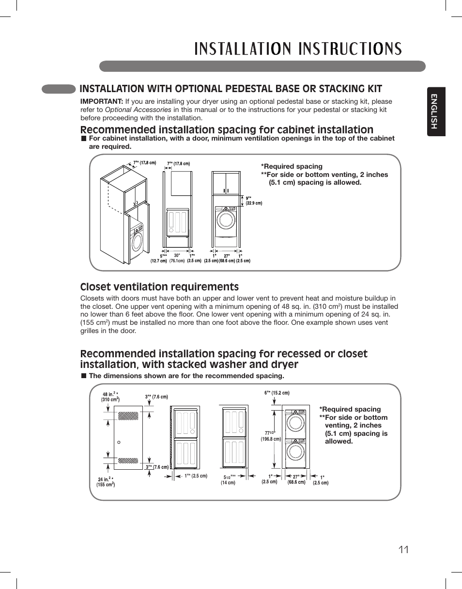 Closet ventilation requirements, English | LG DLGX3361W User Manual | Page 11 / 144