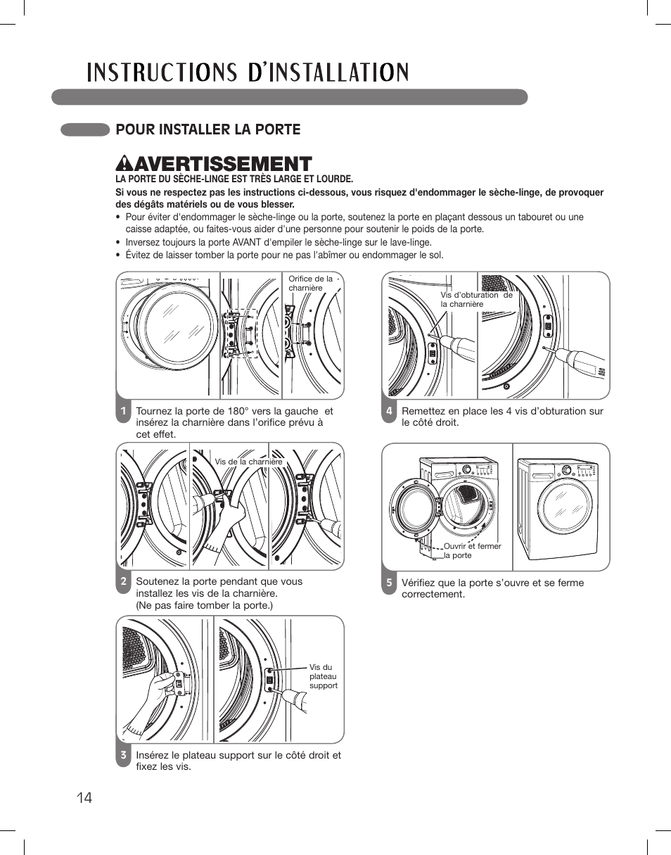 Wavertissement, Pour installer la porte | LG DLGX3361W User Manual | Page 110 / 144