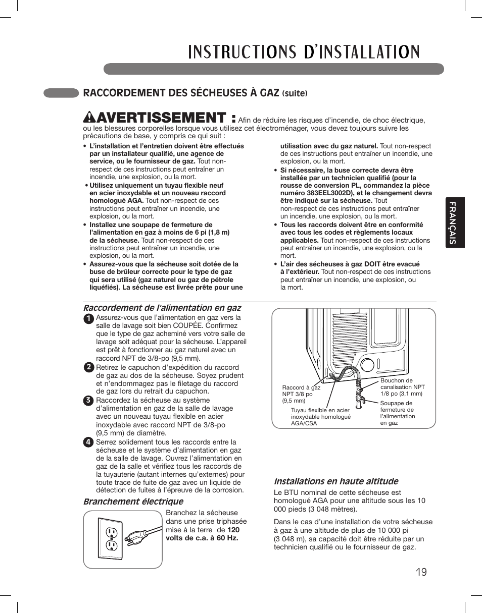 Wavertissement, Raccordement des sécheuses à gaz | LG DLGX3361W User Manual | Page 115 / 144