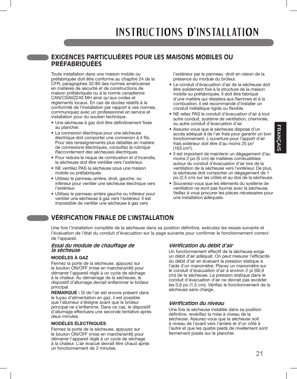 Vérification finale de l’installation | LG DLGX3361W User Manual | Page 117 / 144