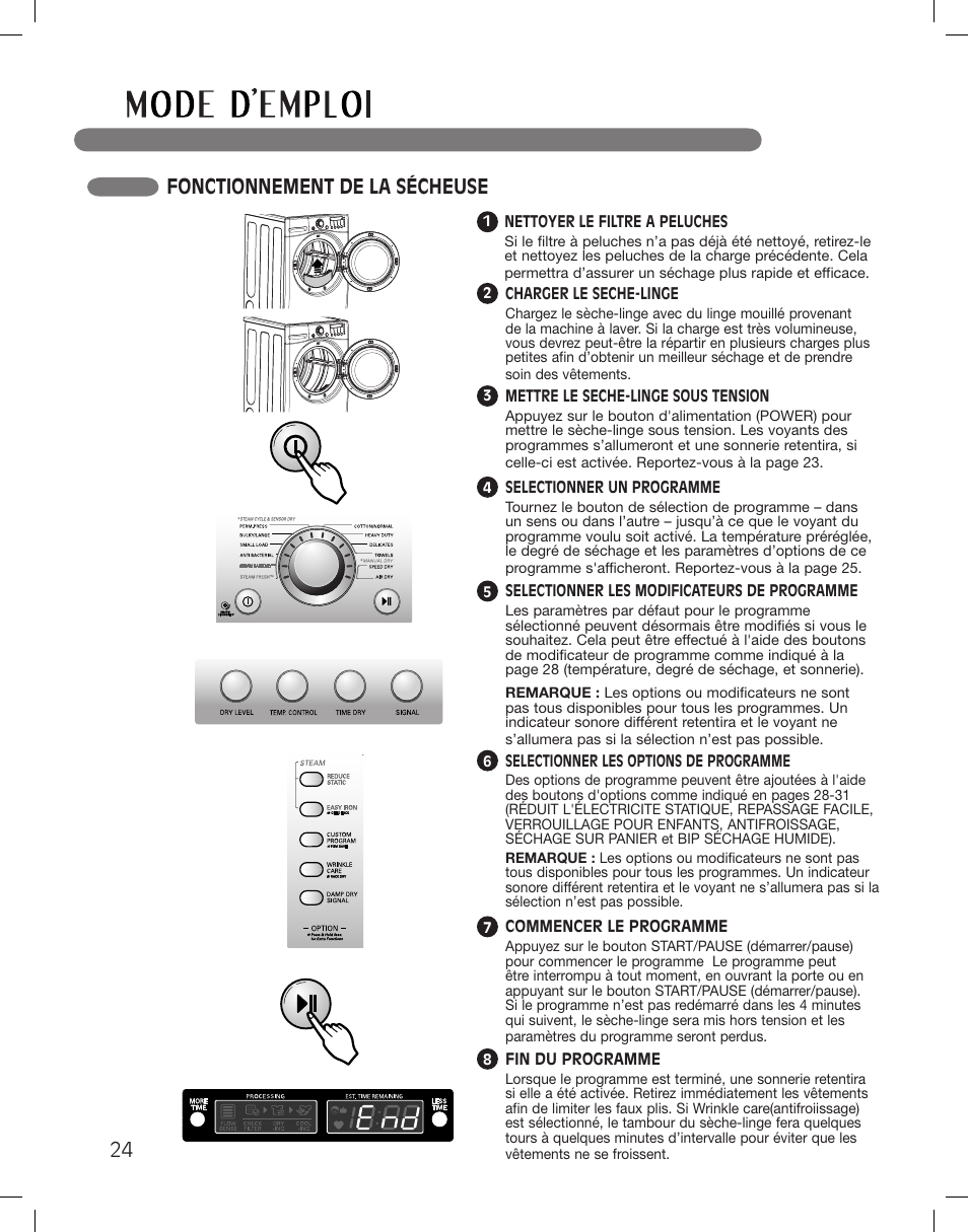Fonctionnement de la sécheuse | LG DLGX3361W User Manual | Page 120 / 144