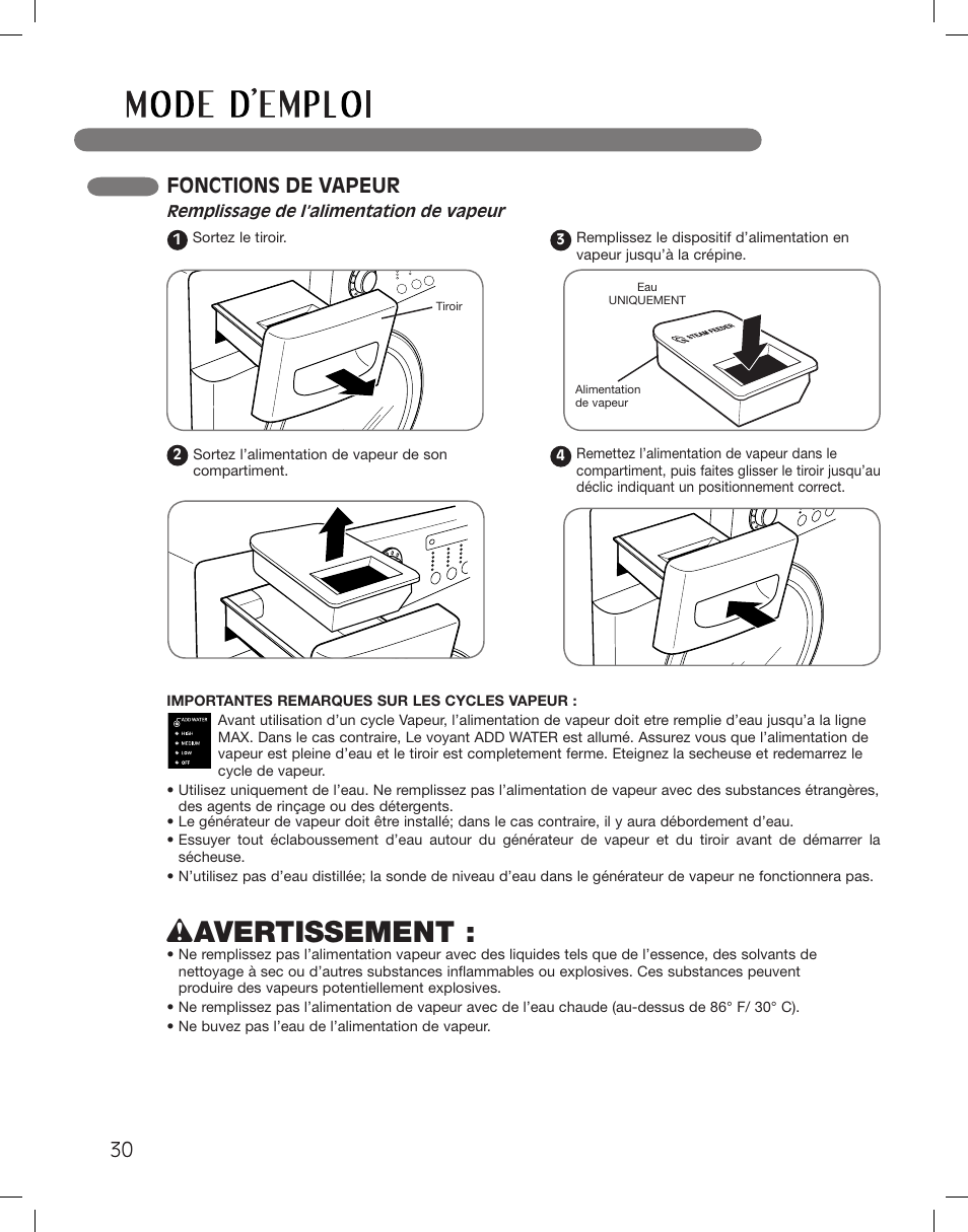 Wavertissement, Fonctions de vapeur | LG DLGX3361W User Manual | Page 126 / 144