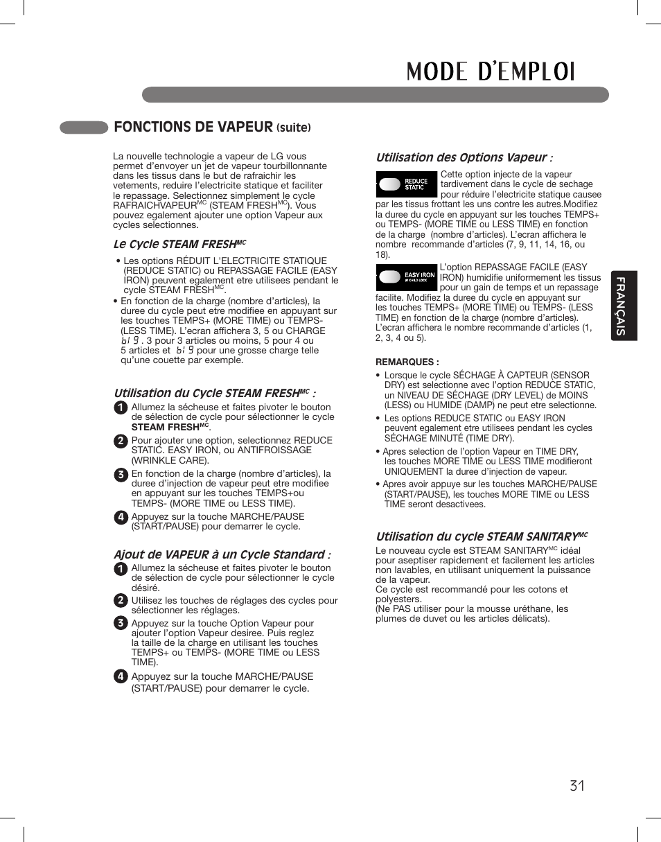 Fonctions de vapeur, Français | LG DLGX3361W User Manual | Page 127 / 144