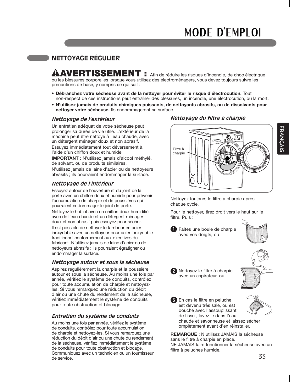 Wavertissement, Nettoyage régulier | LG DLGX3361W User Manual | Page 129 / 144