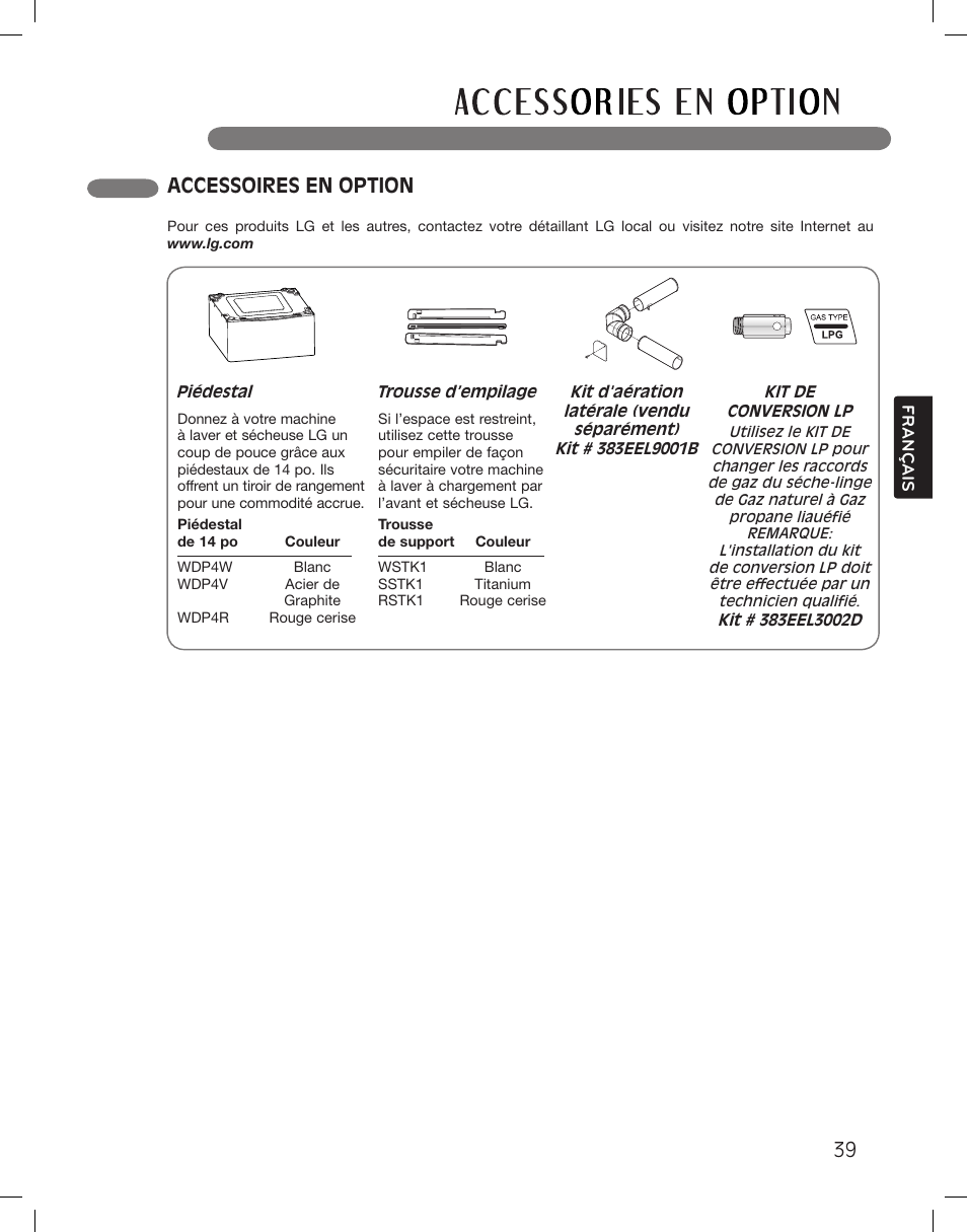 Accessoires en option | LG DLGX3361W User Manual | Page 135 / 144