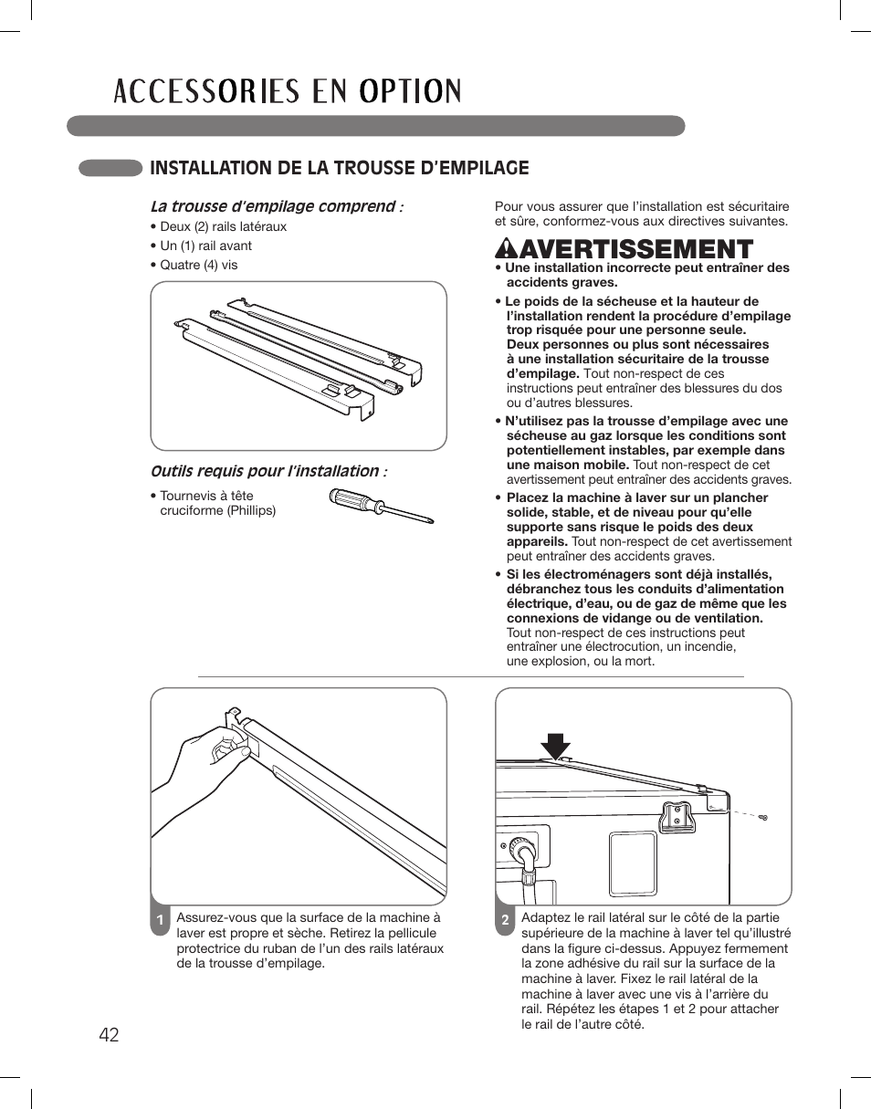Wavertissement, Installation de la trousse d’empilage | LG DLGX3361W User Manual | Page 138 / 144