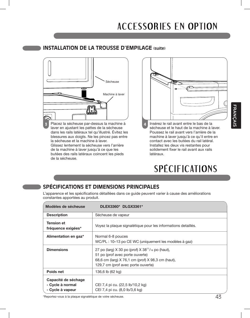 Spécifications et dimensions principales, 43 installation de la trousse d’empilage | LG DLGX3361W User Manual | Page 139 / 144