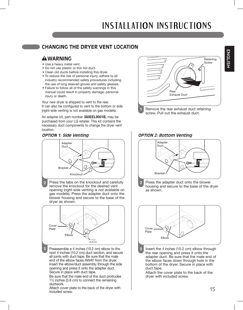 15 changing the dryer vent location, Warning, English | LG DLGX3361W User Manual | Page 15 / 144