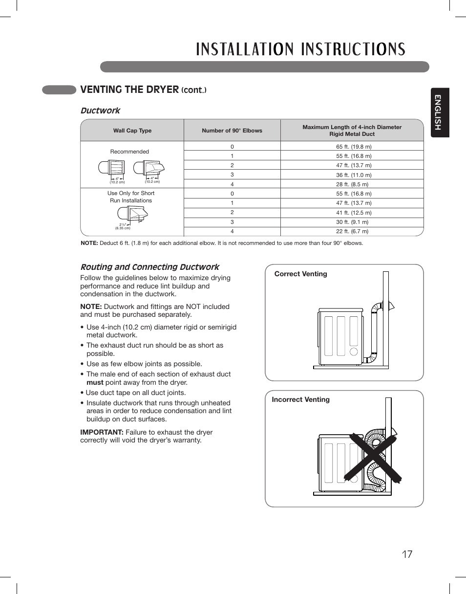 Venting the dryer, English, Routing and connecting ductwork | Ductwork | LG DLGX3361W User Manual | Page 17 / 144