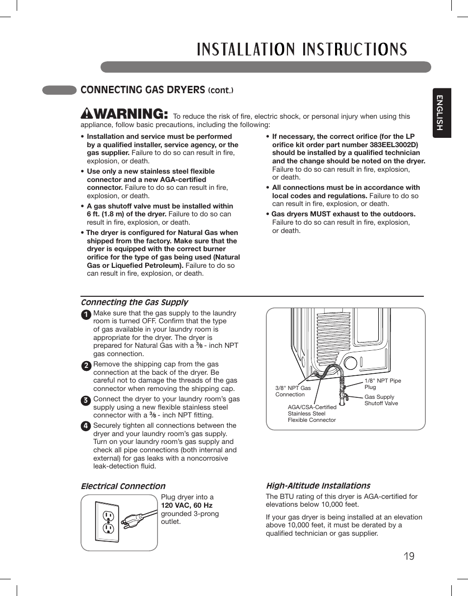 Wwarning, Connecting gas dryers | LG DLGX3361W User Manual | Page 19 / 144