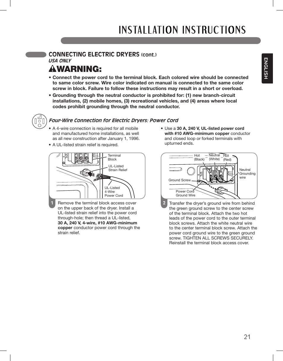 Wwarning, Connecting electric dryers | LG DLGX3361W User Manual | Page 21 / 144
