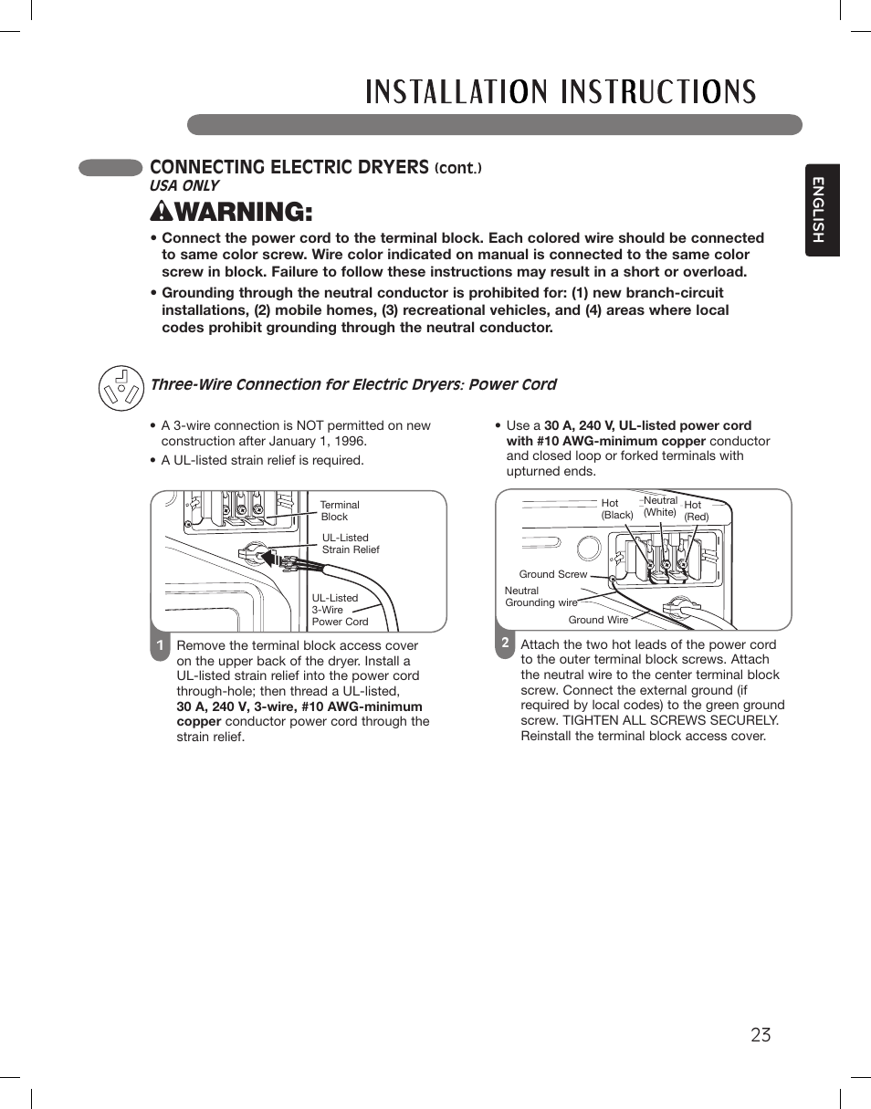 Wwarning, Connecting electric dryers | LG DLGX3361W User Manual | Page 23 / 144