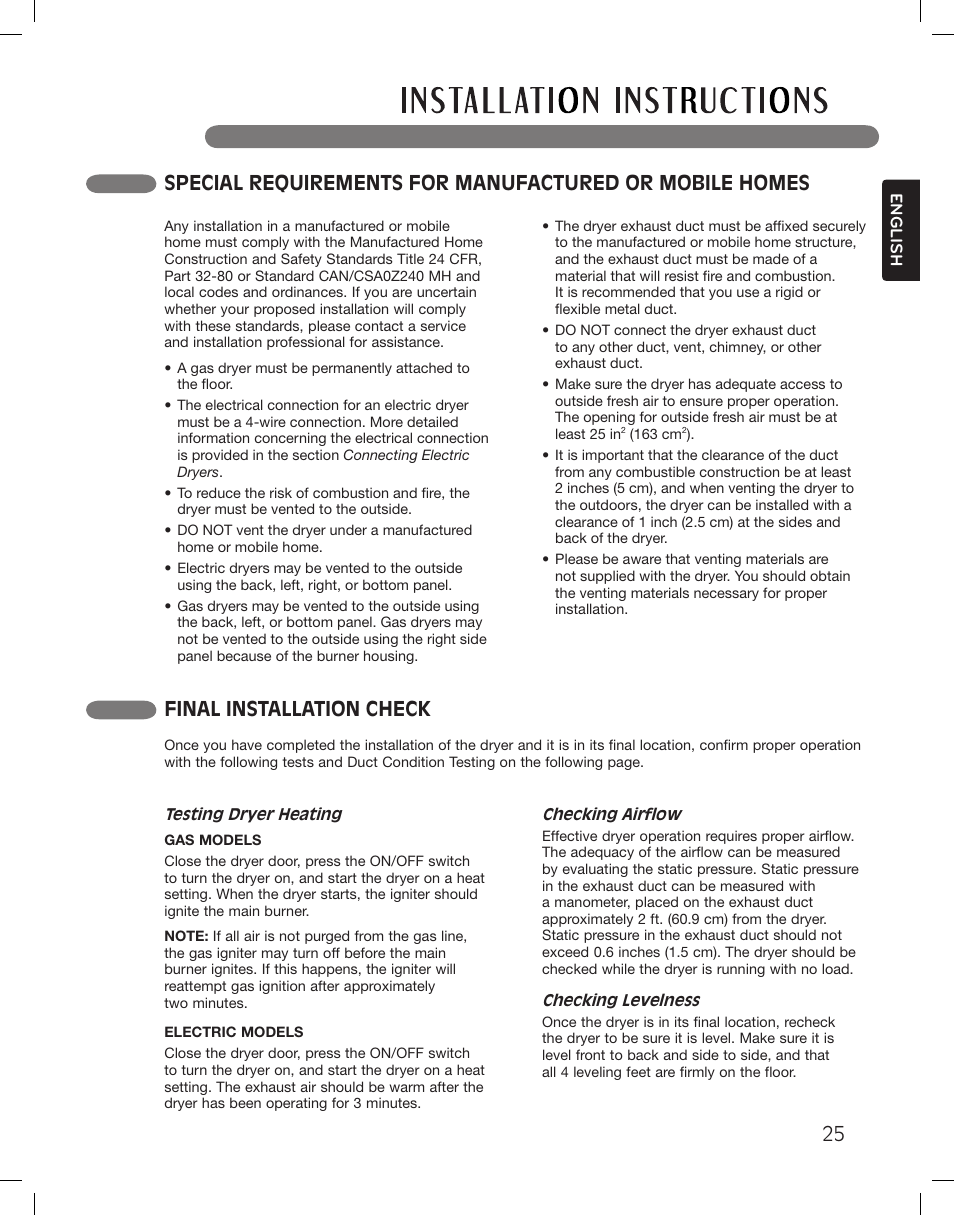 Final installation check | LG DLGX3361W User Manual | Page 25 / 144