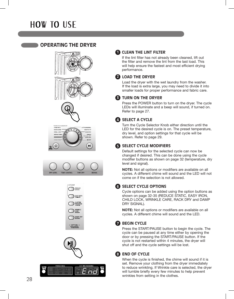 Operating the dryer | LG DLGX3361W User Manual | Page 28 / 144