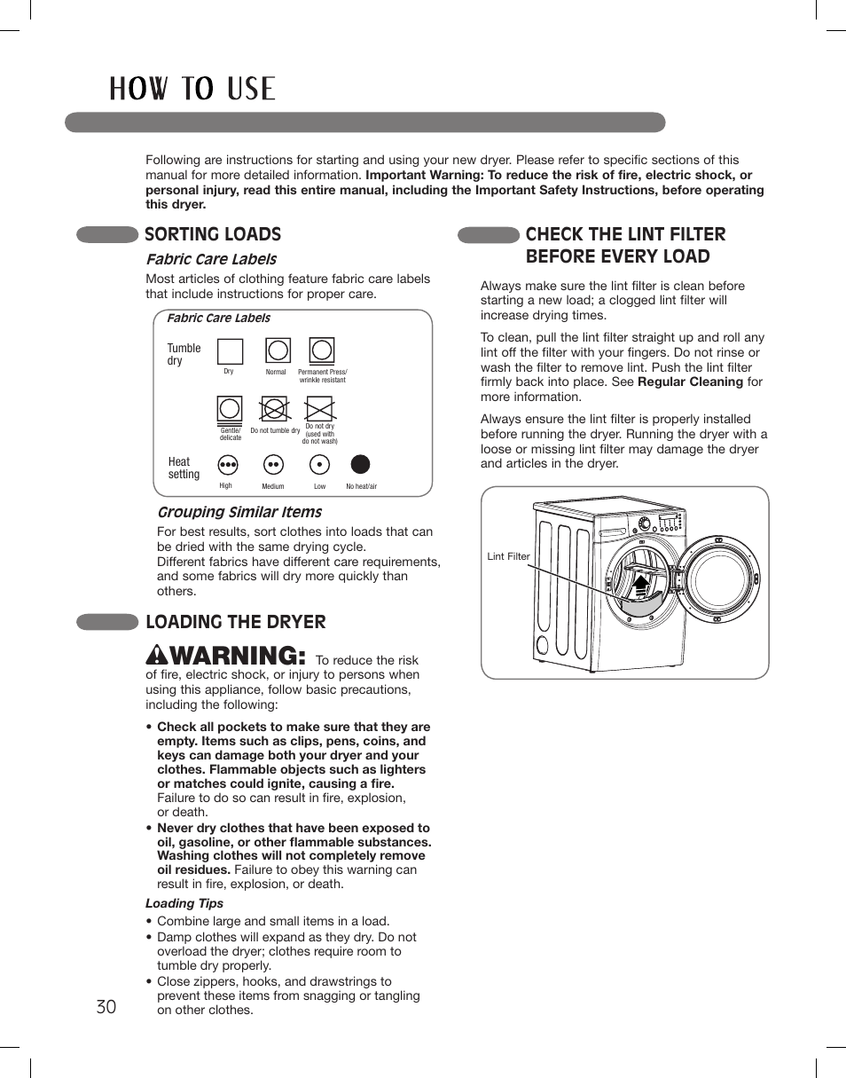 Wwarning, Sorting loads, Check the lint filter before every load | Loading the dryer | LG DLGX3361W User Manual | Page 30 / 144