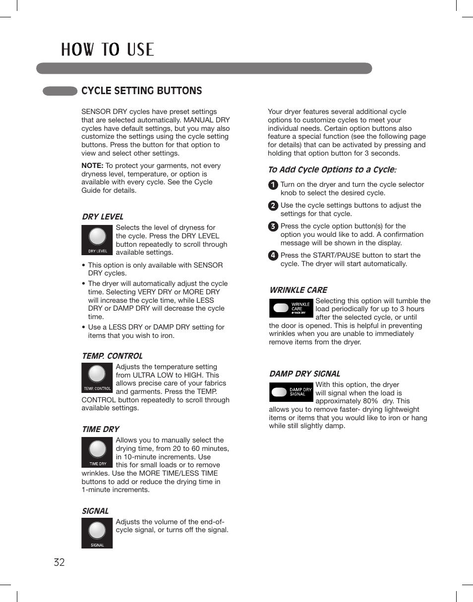 Cycle setting buttons | LG DLGX3361W User Manual | Page 32 / 144