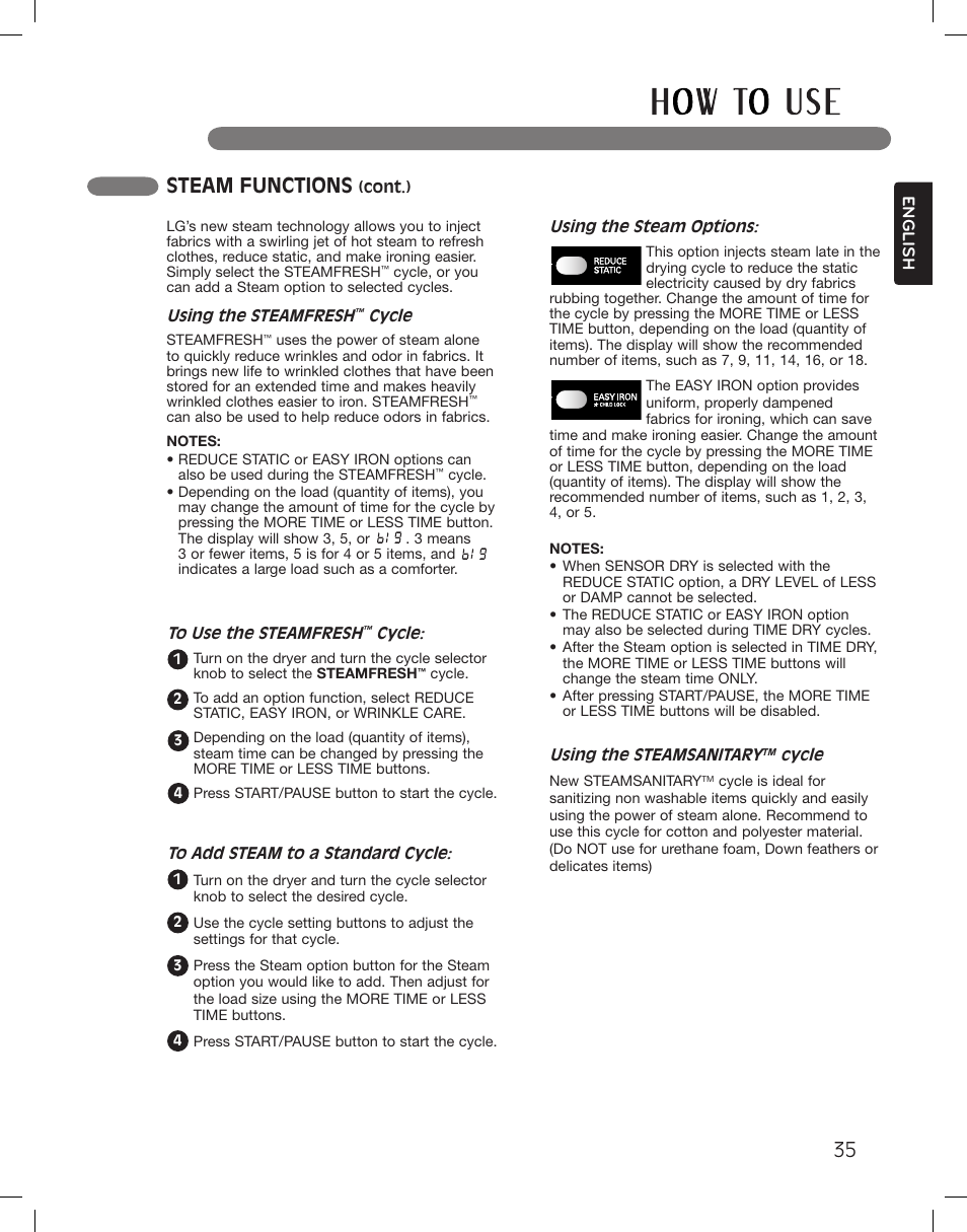 Steam functions | LG DLGX3361W User Manual | Page 35 / 144