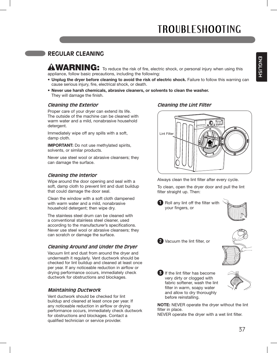 Wwarning, Regular cleaning | LG DLGX3361W User Manual | Page 37 / 144