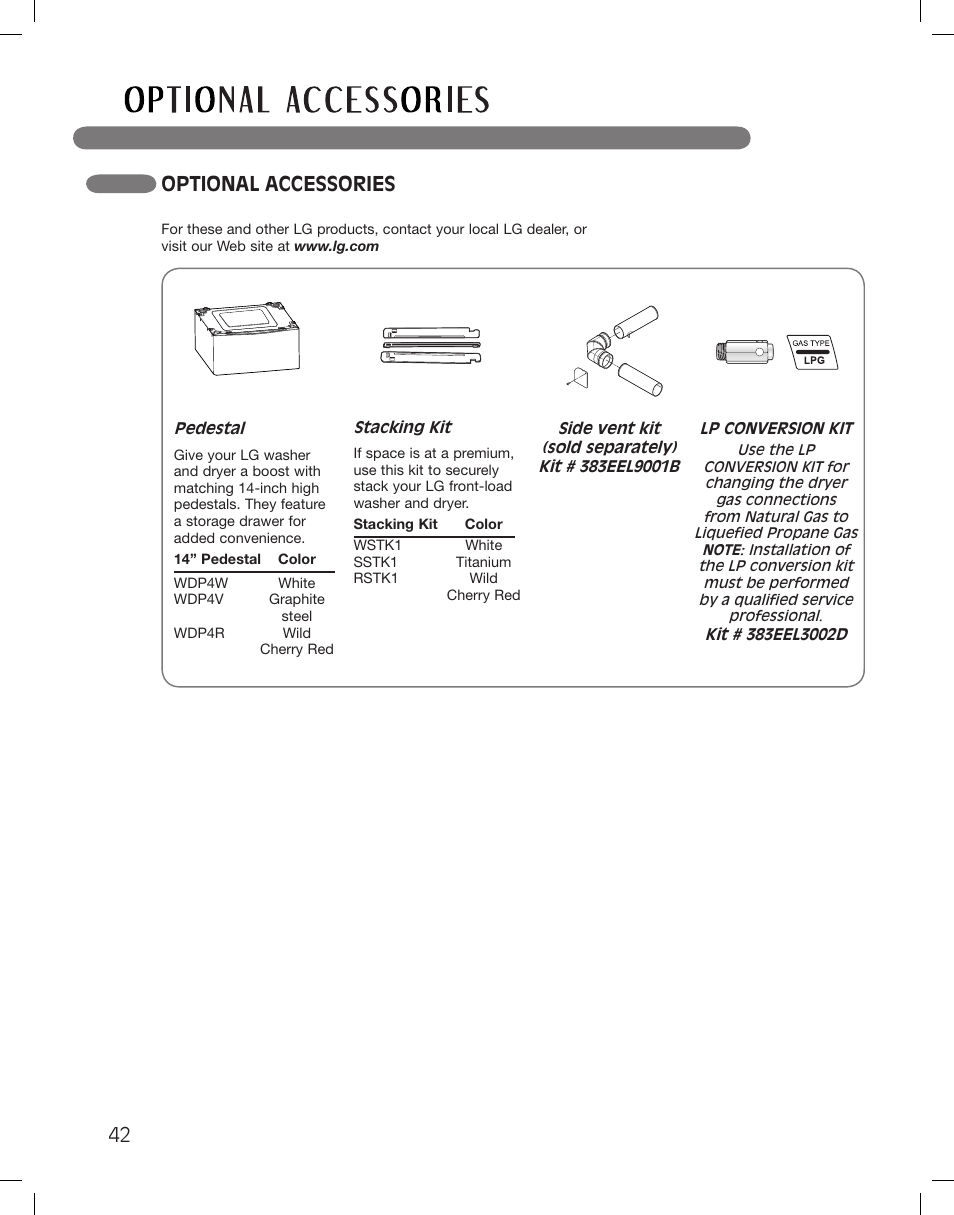 Optional accessories | LG DLGX3361W User Manual | Page 42 / 144