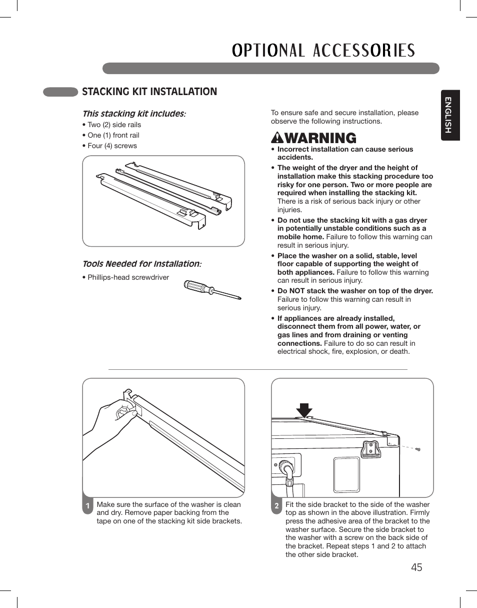 Wwarning, Stacking kit installation | LG DLGX3361W User Manual | Page 45 / 144